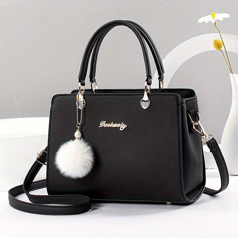 Fashion Solid Color Handbag, Women's Top Handle Square Purse, Elegant Crossbody Bag With Pompom Ball Pendant