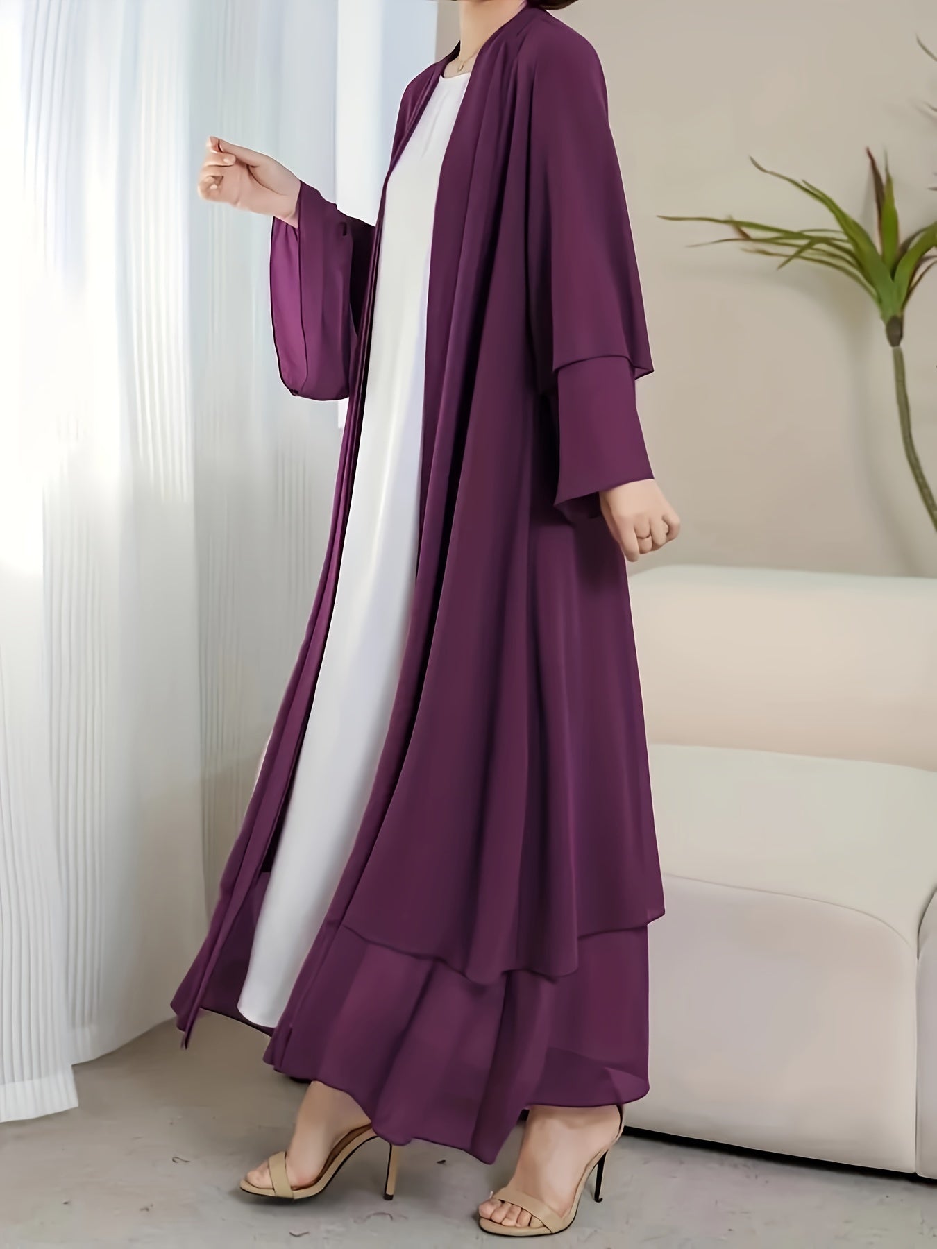 Solid Color Tie Waist Modest Dress, Elegant Layered Hem Maxi '/MH