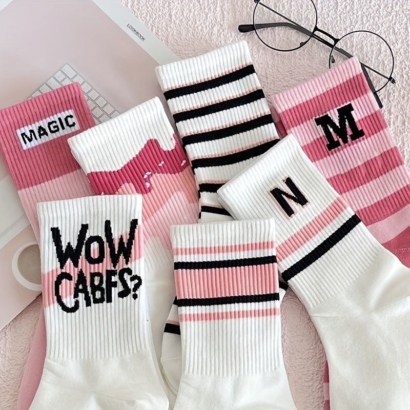 7 Pairs Letter Striped Socks, Comfy & Breathable All-match Socks, Women's Stockings & Hosiery