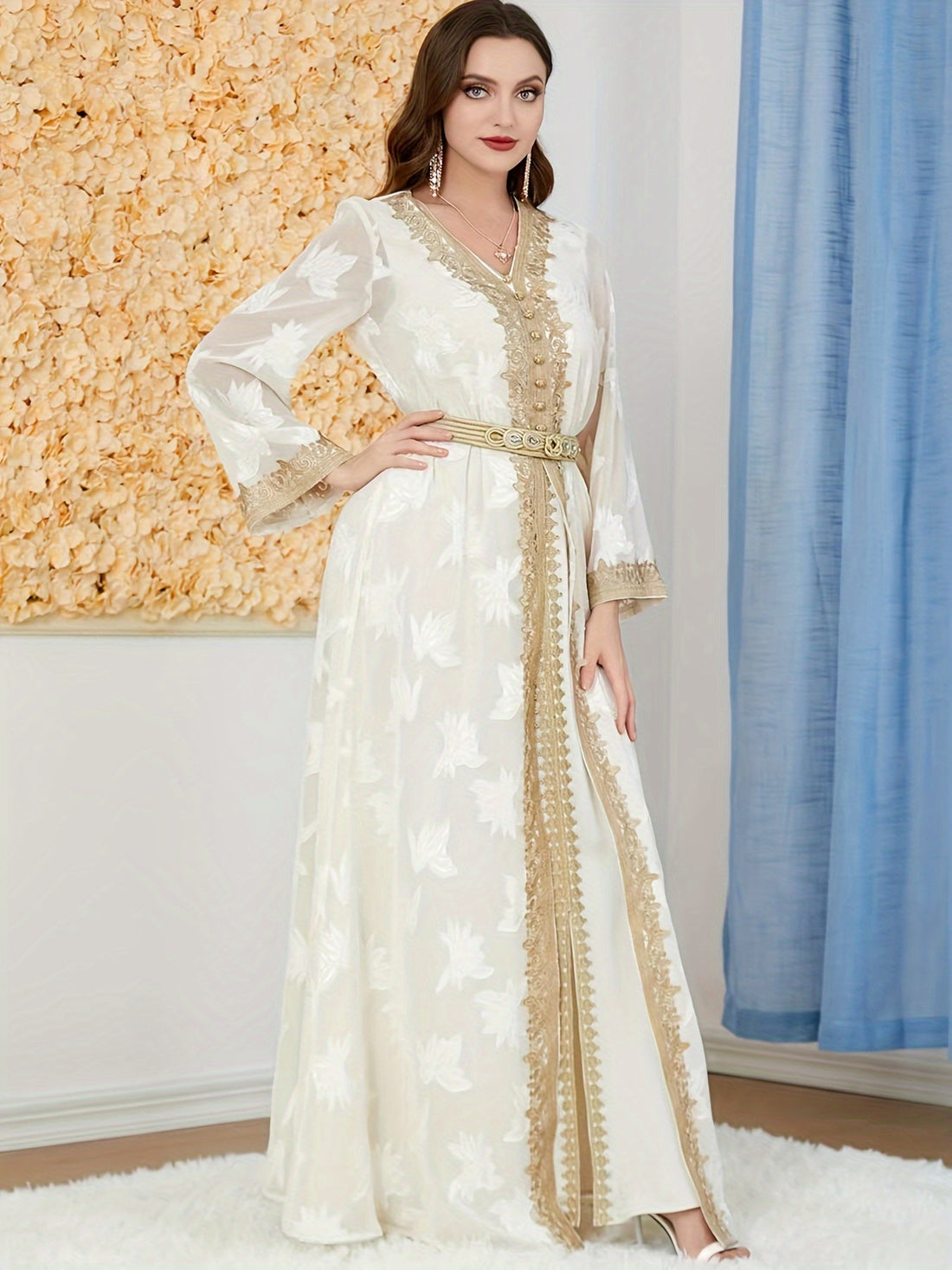 Women's Middle Eastern Abaya Set, V-Neck Long Sleeve '/MH