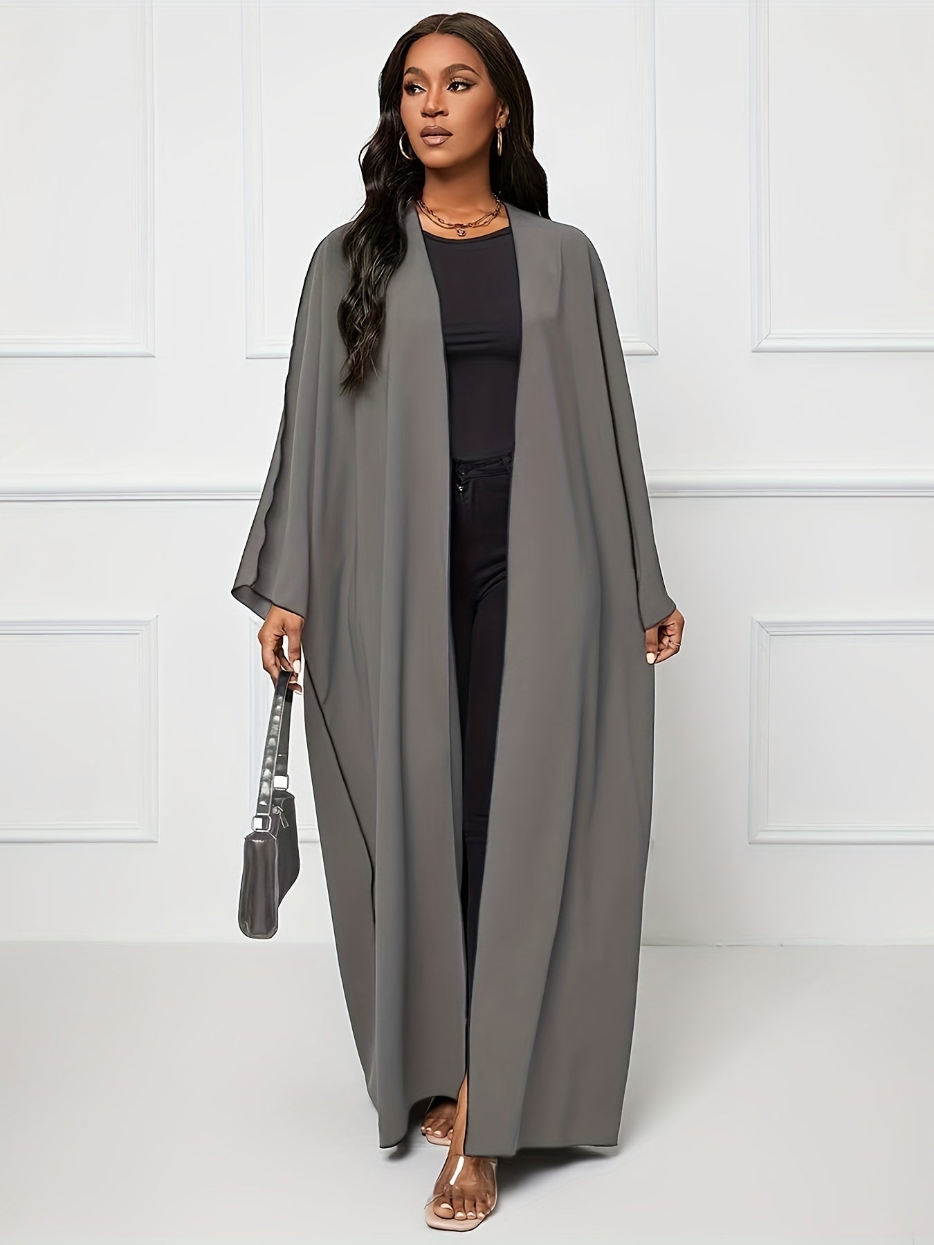 Solid Crew Neck Long Sleeve Kaftan Dress, /MH