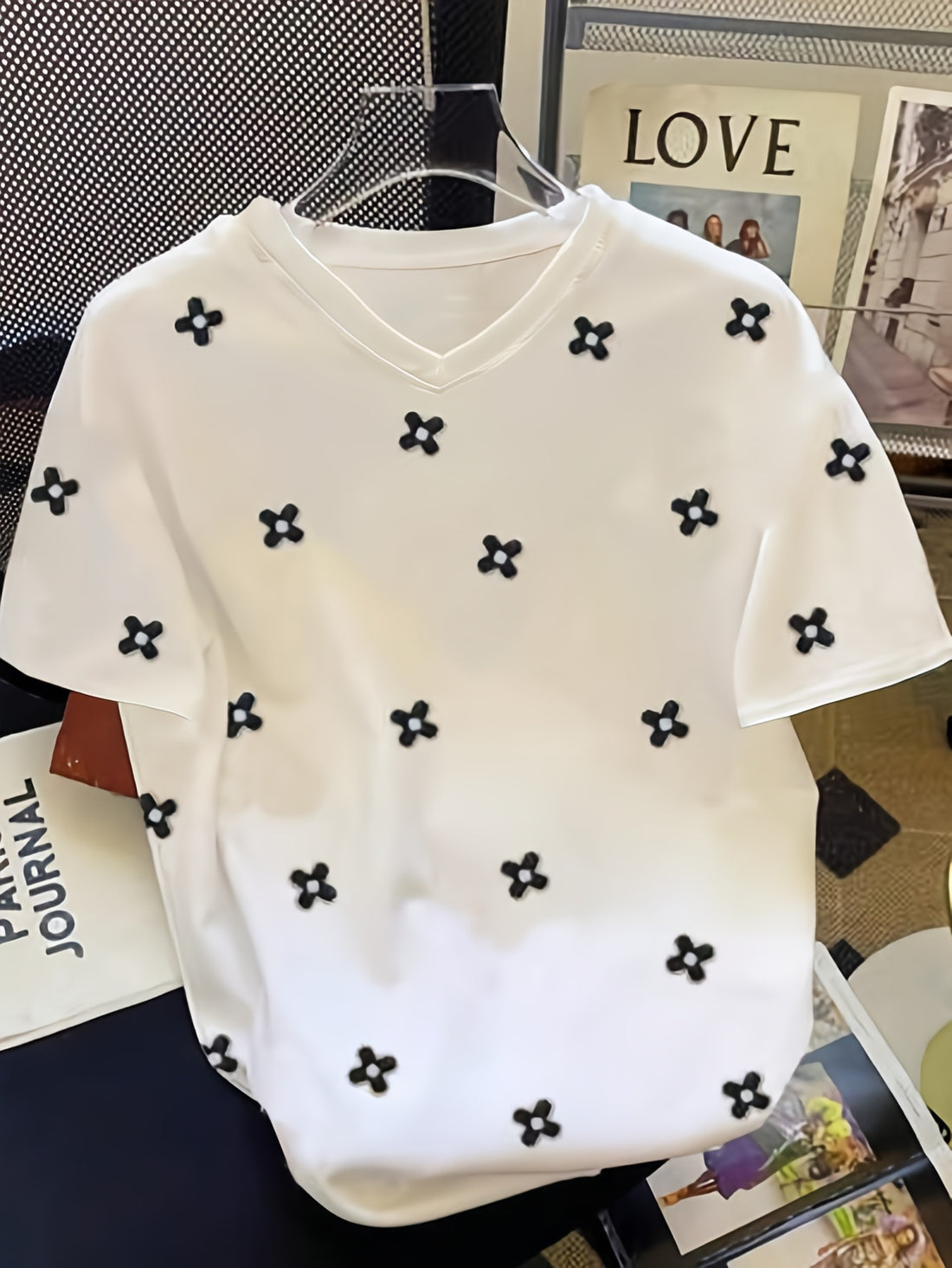 Women'S White V-Neck T-Shirt with Black Cross Pattern - Casual Short Sleeve Top for Spring/Summer, Casual Wear|Vneck Tshirt|Stretchy Fabric
