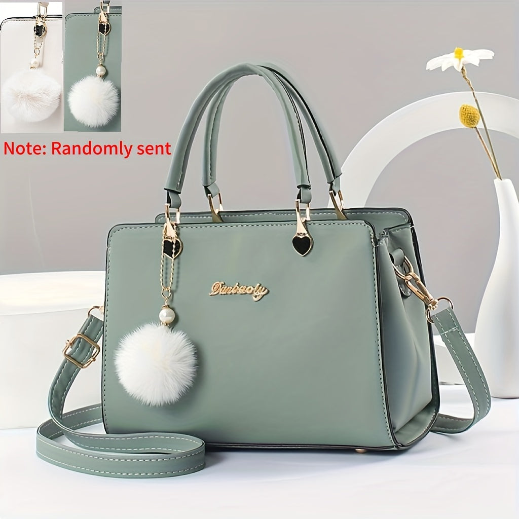 Fashion Solid Color Handbag, Women's Top Handle Square Purse, Elegant Crossbody Bag With Pompom Ball Pendant