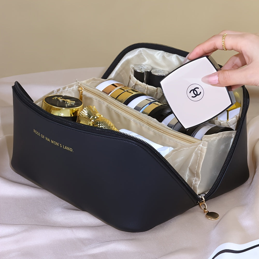 Travel Large Capacity Cosmetic Bag For Women, Portable Makeup Bag Pouch Open Flat Toiletry Bag, Make Up Organizer With Divider And Handle