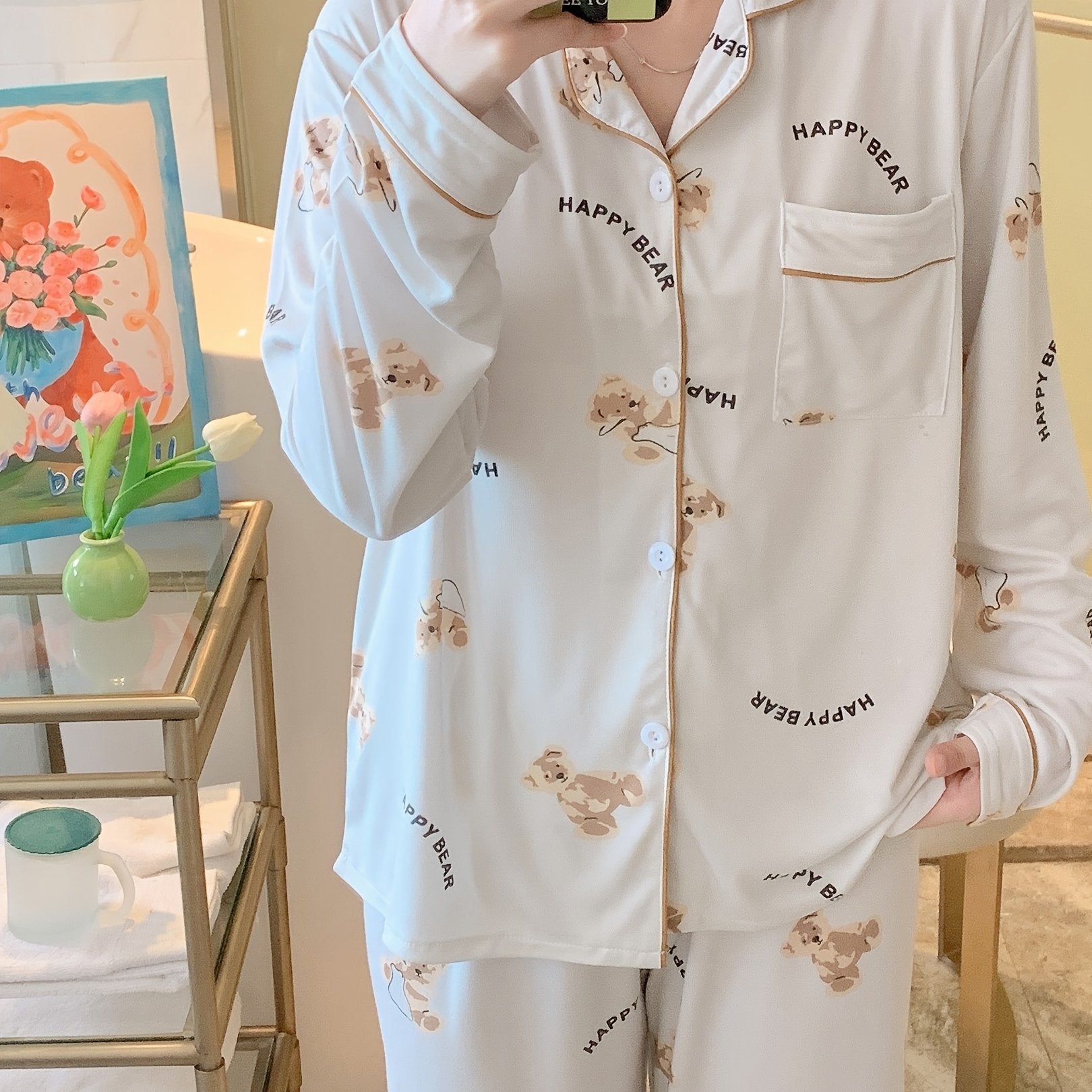 Cartoon Bear Print Pajama Set, /MH