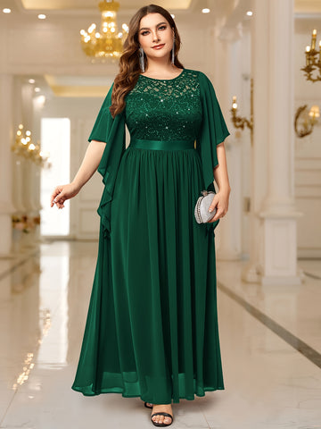 [Elegant Evening Dress] Elegant Plus Size Women's Butterfly Sleeve Sequin Lace Evening Dress | Three-Quarter Sleeve Fitted Bodice & Flowy Pleated Skirt, Machine Washable Formal Wedding Party Gown for Spring/Summer