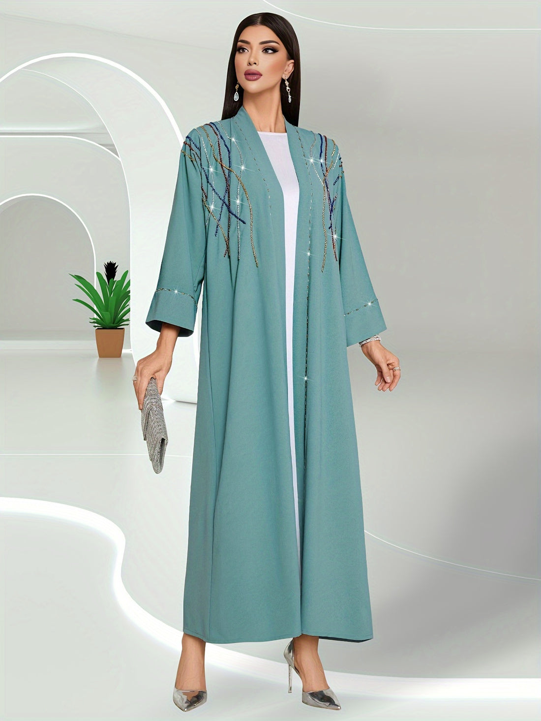 Rhinestone Open Front Kaftan, Elegant 3/4 Sleeve Outerwear'/MH