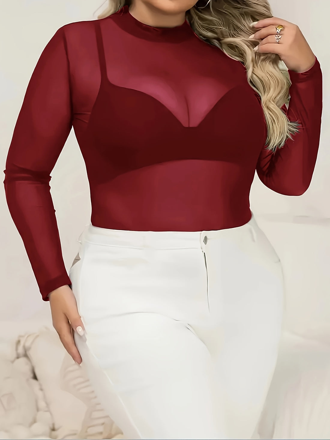 [Elegant T-Shirt] Elegant Plus Size Women's Sheer Mesh Long Sleeve T-Shirt | High Neck Stretchy Breathable Top, Casual All-Season Machine Washable Solid Color Tee