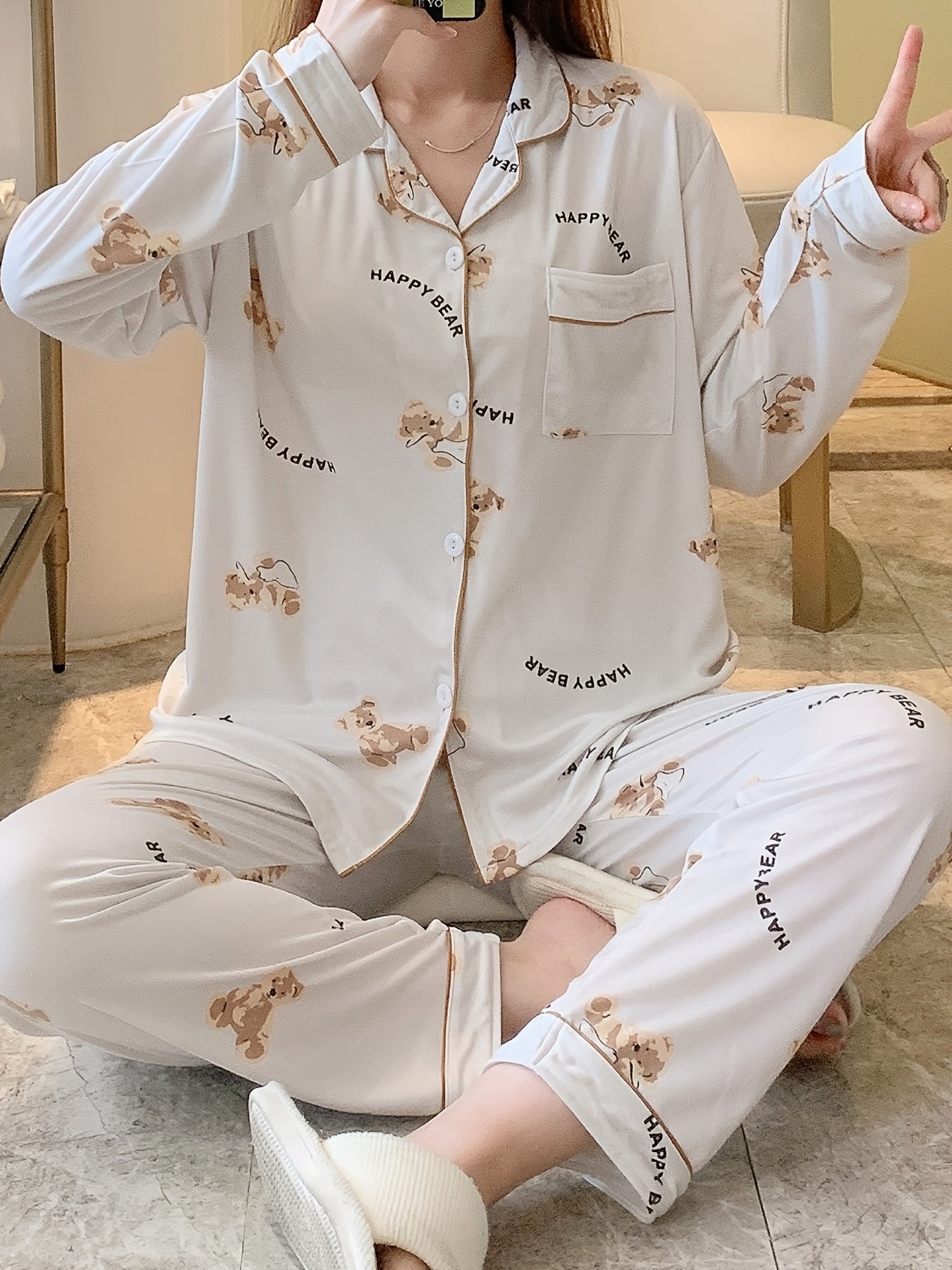 Cartoon Bear Print Pajama Set, /MH