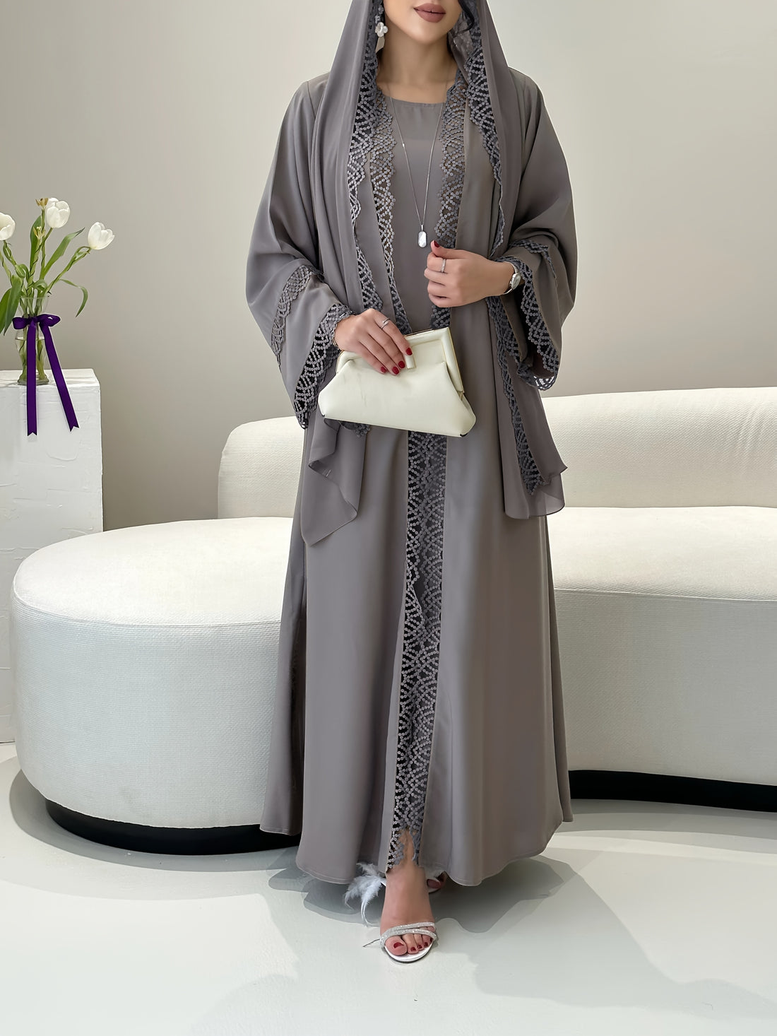 2pcs Set with Lace Trim Muslim Kaftan Plus Sleeveless Vest Skirt, / MH