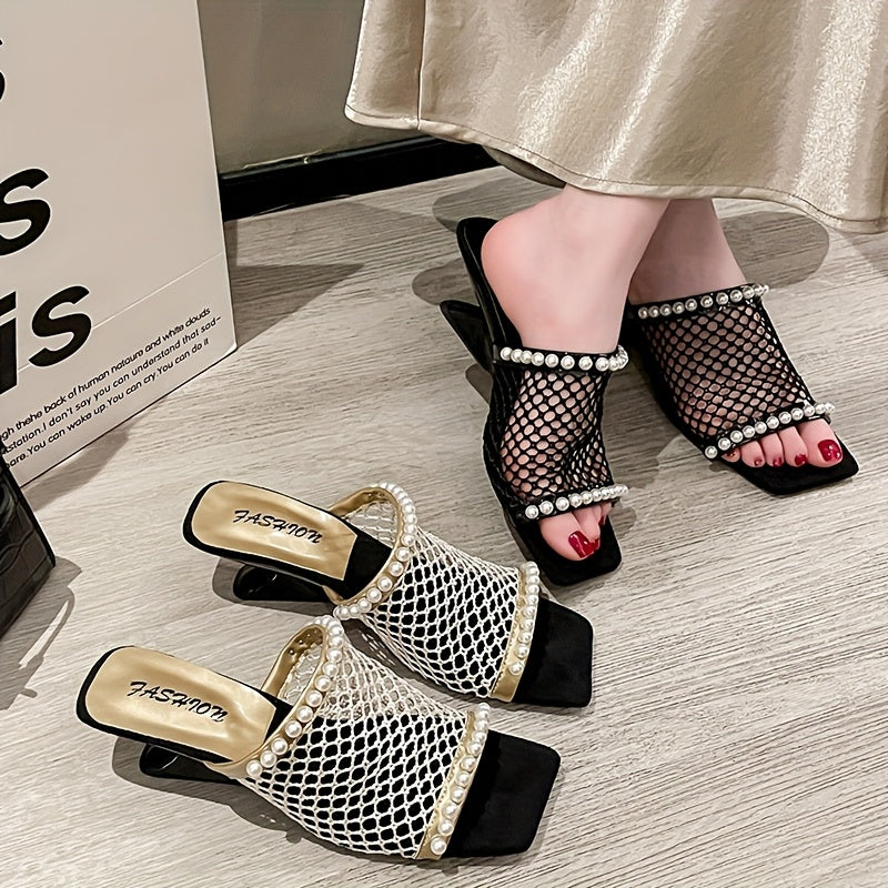 Women'S Rhinestone-Embellished Square Toe High Heel Sandals - Slip-On Open-Toe PU Cover Dress Shoes with Cushioned Insole & Non-Slip Rubber Sole, All-Season Casual & Formal Wear, High Heel Sandals, Evening Wear, Rhinestone Em