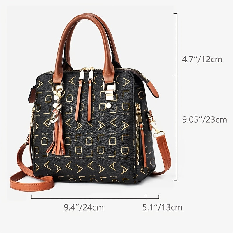 Letter Print Handbag, Tassel Decor Square Crossbody Bag, Women's Small Top Handle Purse