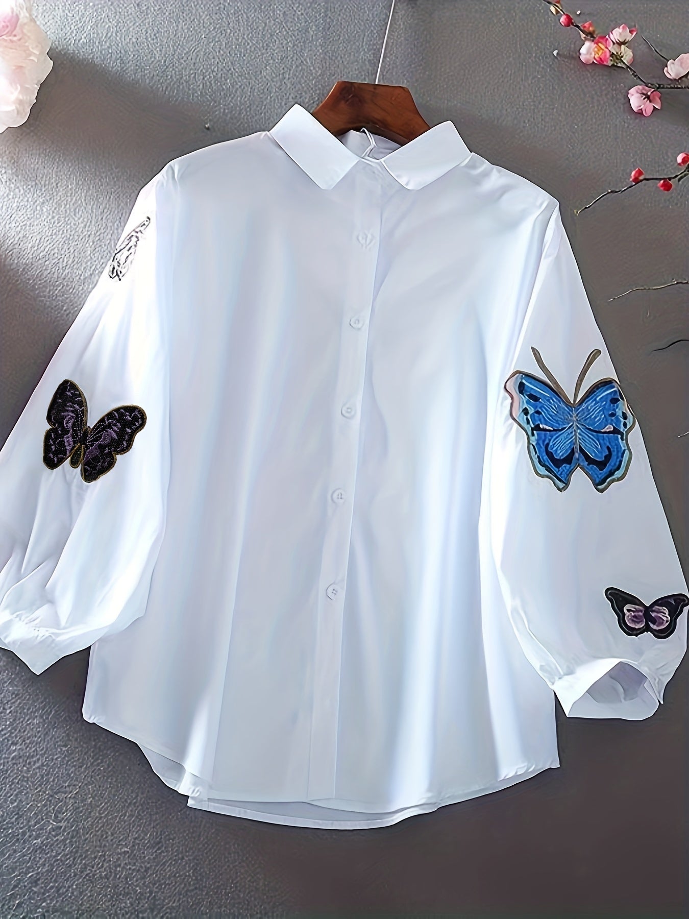 Butterflies Print Shirt, Long Sleeve Button Up Casual Top.