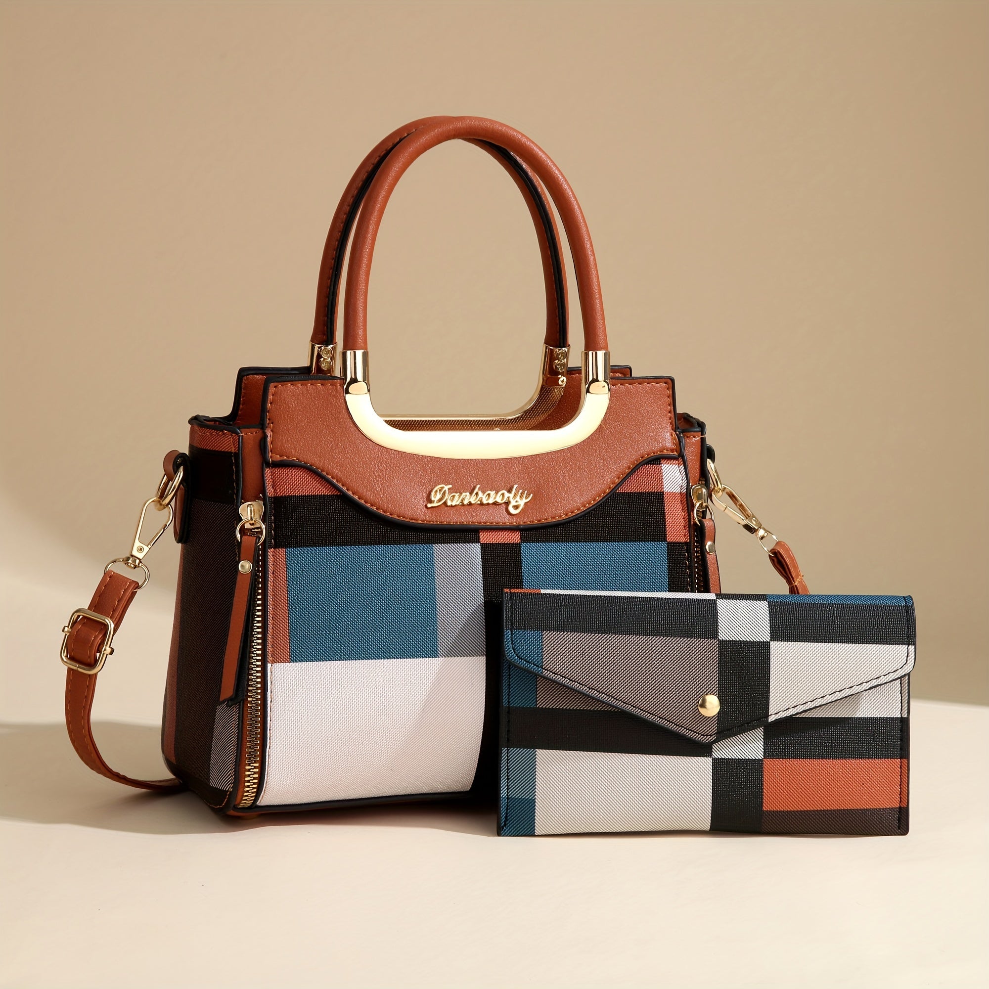 CHROSGEKEIDI Elegant Plaid Tote and Crossbody Bag Set, Large Capacity, with Adjustable Strap, Zipper Closure, Polyester Lined, for Women - Chic Gift for Mom and Family, Versatile Shoulder Bag|Chic Tote Bag Set| Bag, Cute Bag
