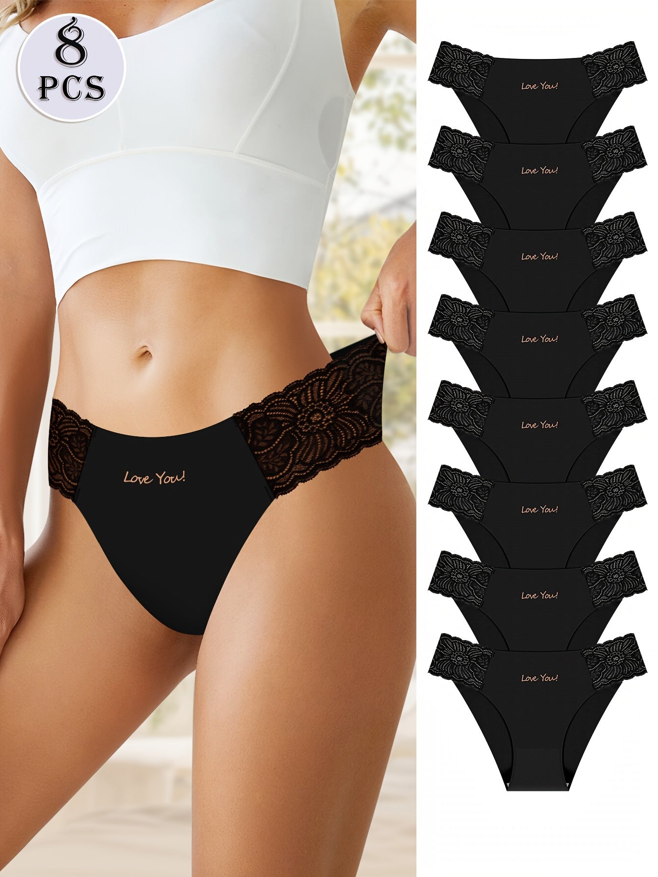 8pcs Letter Print Lace Briefs, Comfy Breathable Stretchy Intimate Panties, /MH