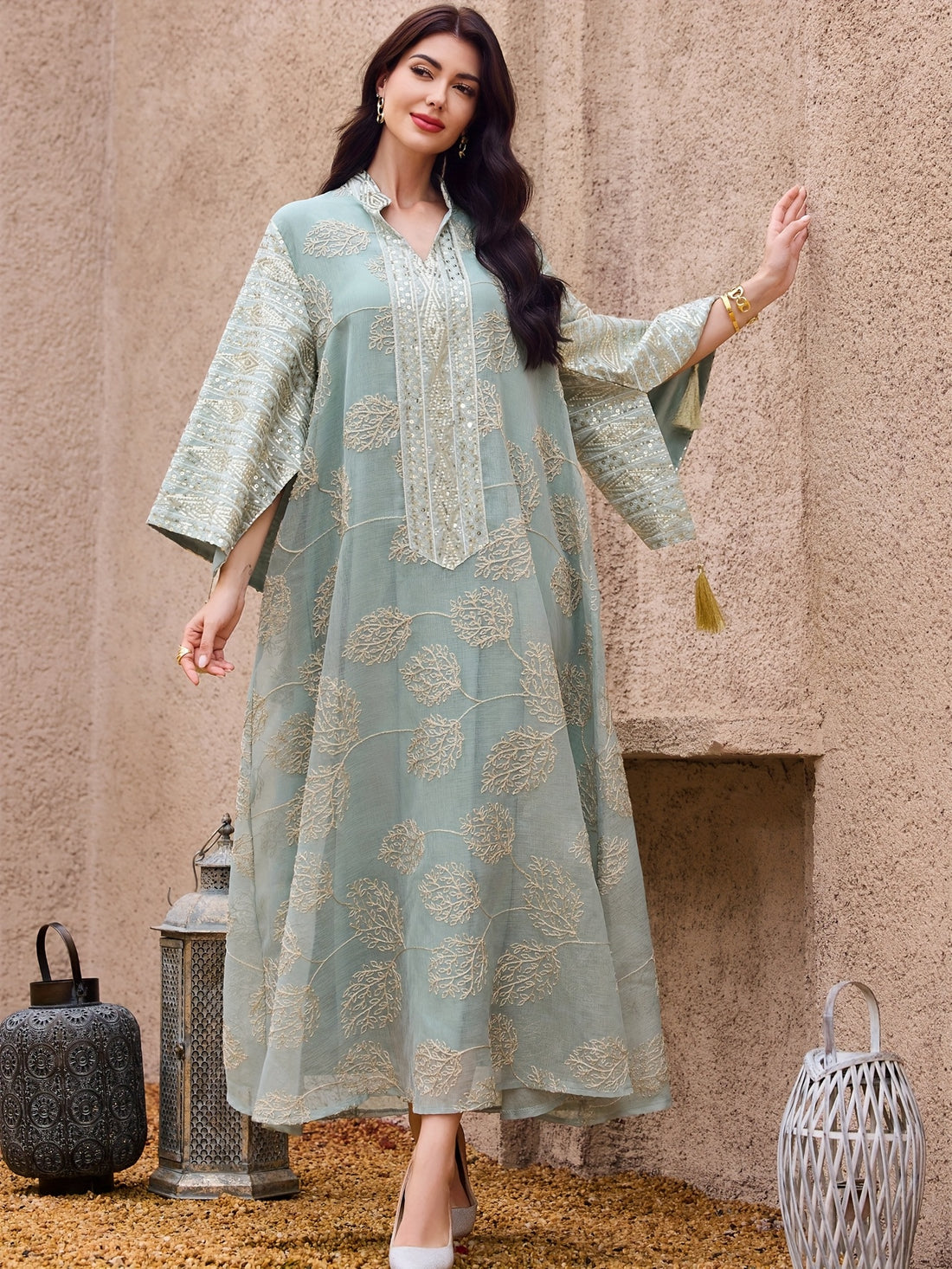 Elegant Light Blue Embroidered Kaftan Dress - V-Neck, Bell Sleeves,/MH