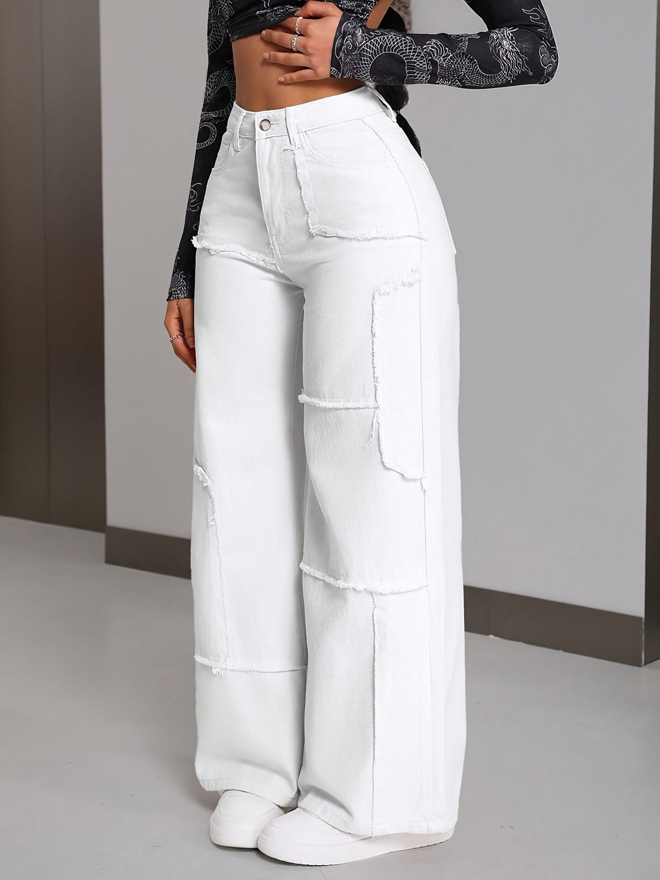 Women's High-Waisted Wide-leg Jeans - Stretchy Non-See-Through Pants with Straight Leg Cut, Mid-Rise Skinny fit, Machine Washable All-Season Trousers for Everyday & Formal Outfits - Elegant Pants for Women, Ladies Jeans