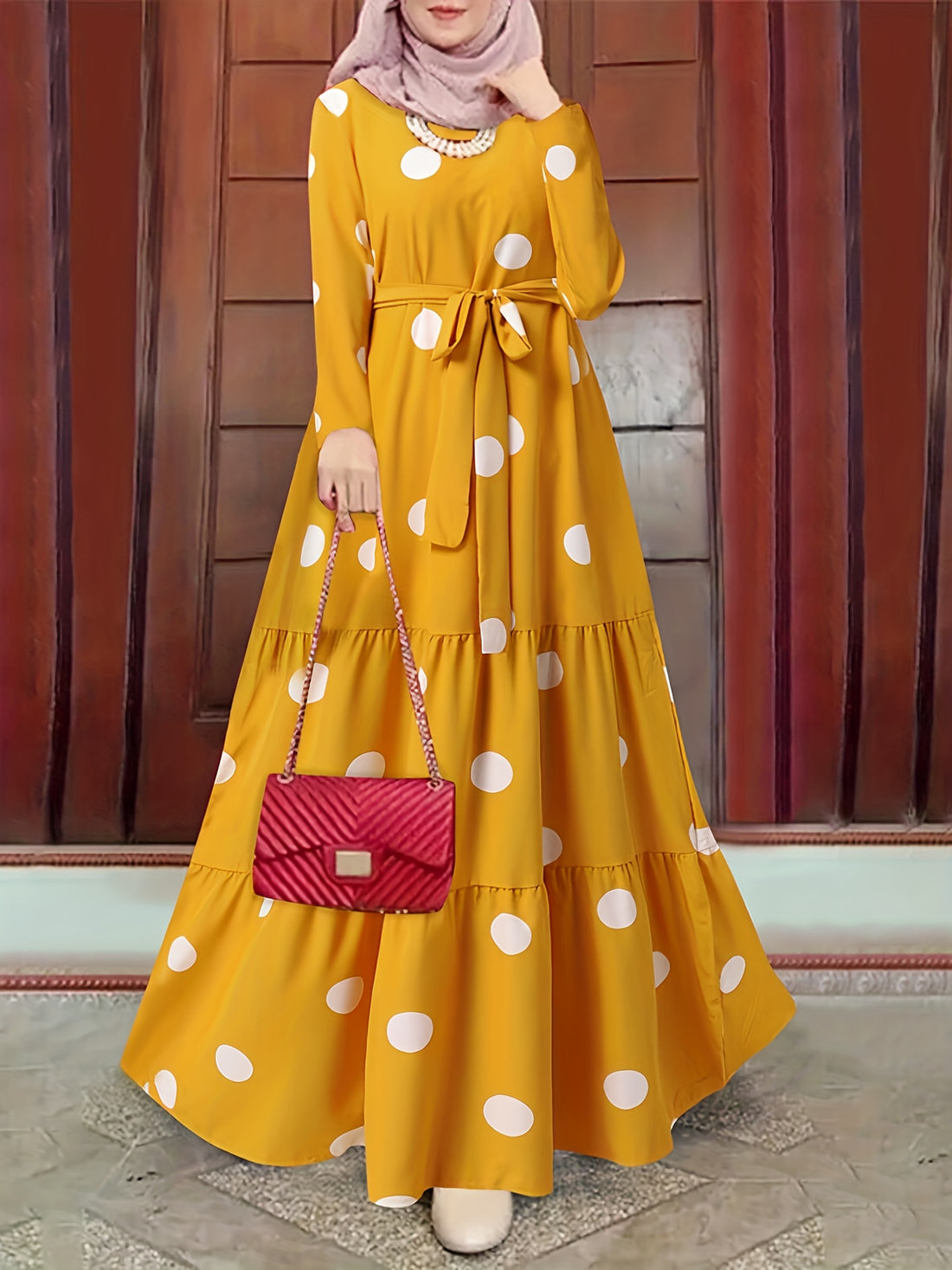 Polka Dot Print Kaftan Dress, Casual Long Sleeve 'MH