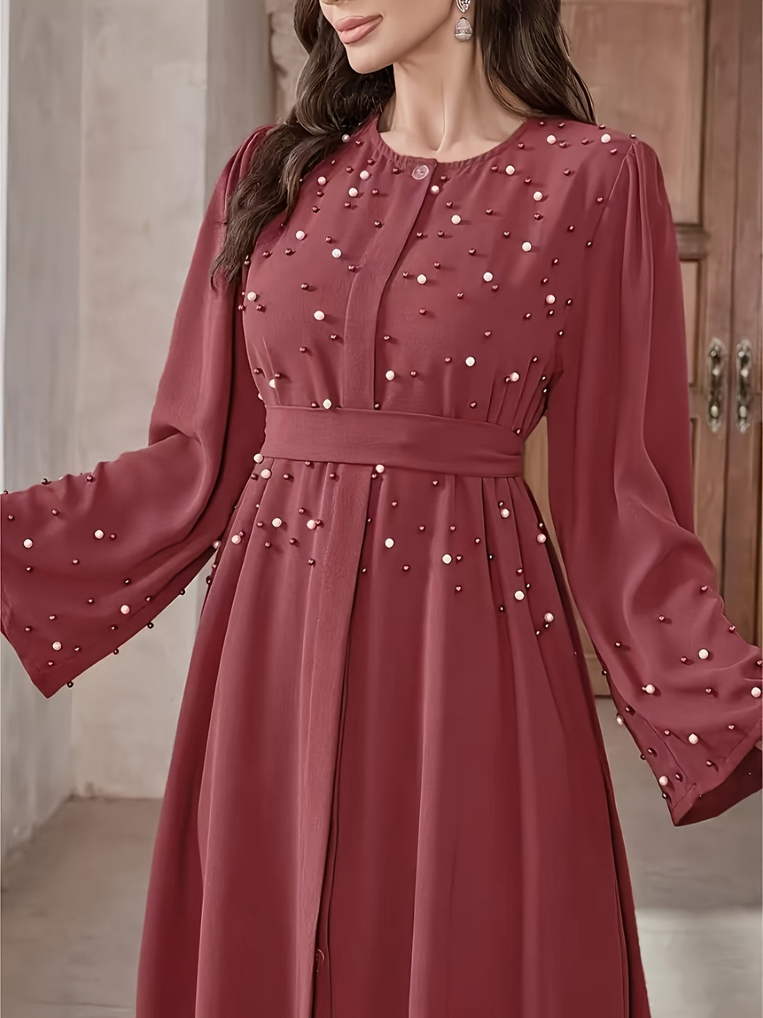 Elegant Pearl Embellished Burgundy Abaya with Long Sleeves and Belt - Perfect for Ramadan and All Seasons, Allseason Abaya|Elegant Abaya|Pearl Embellishments, Abaya Dress