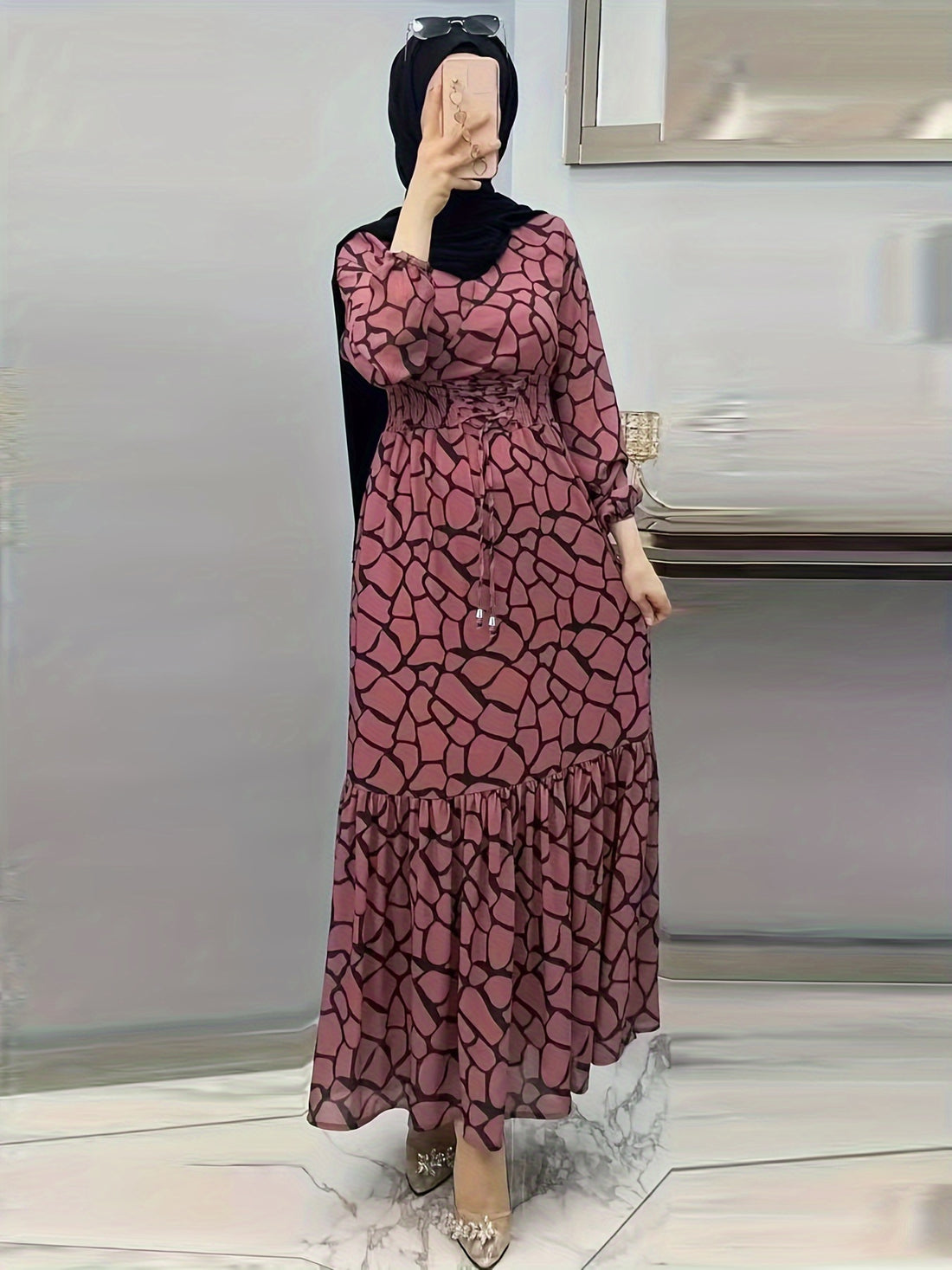 Allover Print Maxi Kaftan Dress, Casual Long Sleeve '/MH