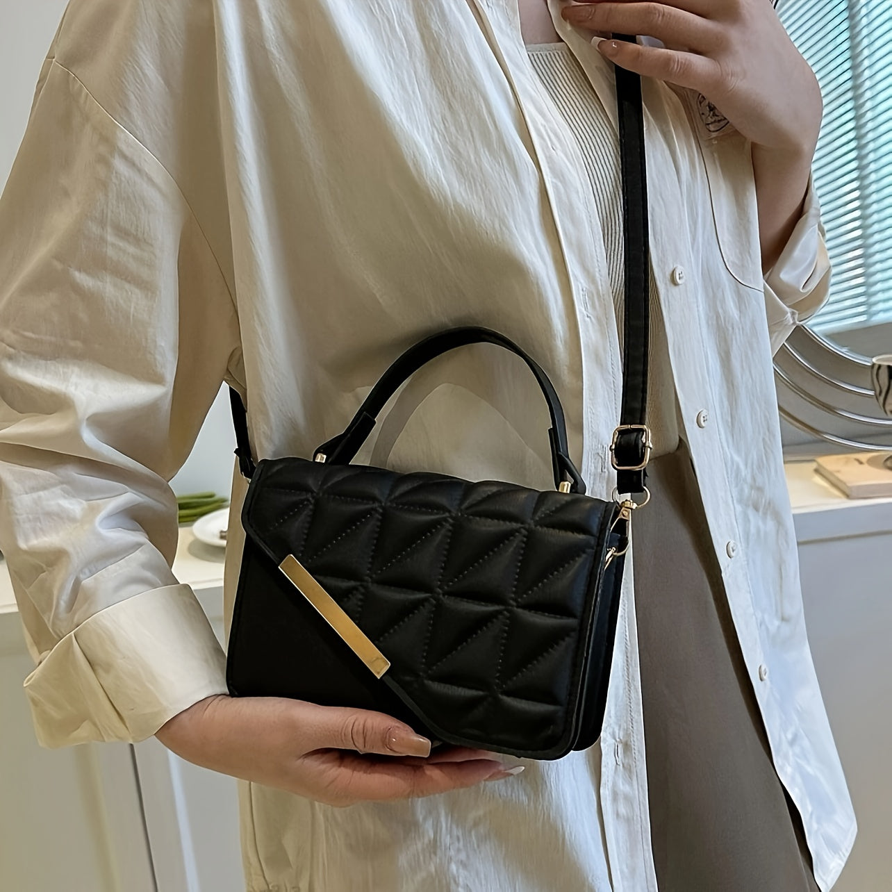 1pc, Chic Mini Quilted Square Handbag, PU Material, Top Handle With Crossbody Strap, Elegant Flap Closure, Fashion Accessory For Women