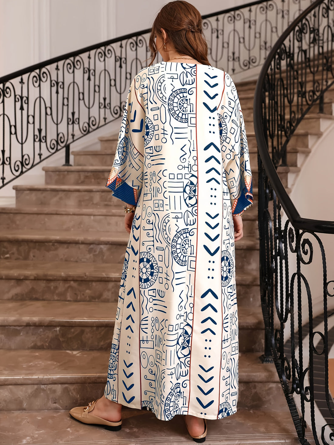 Allover Print Long Sleeve Kaftan Dress, /MH