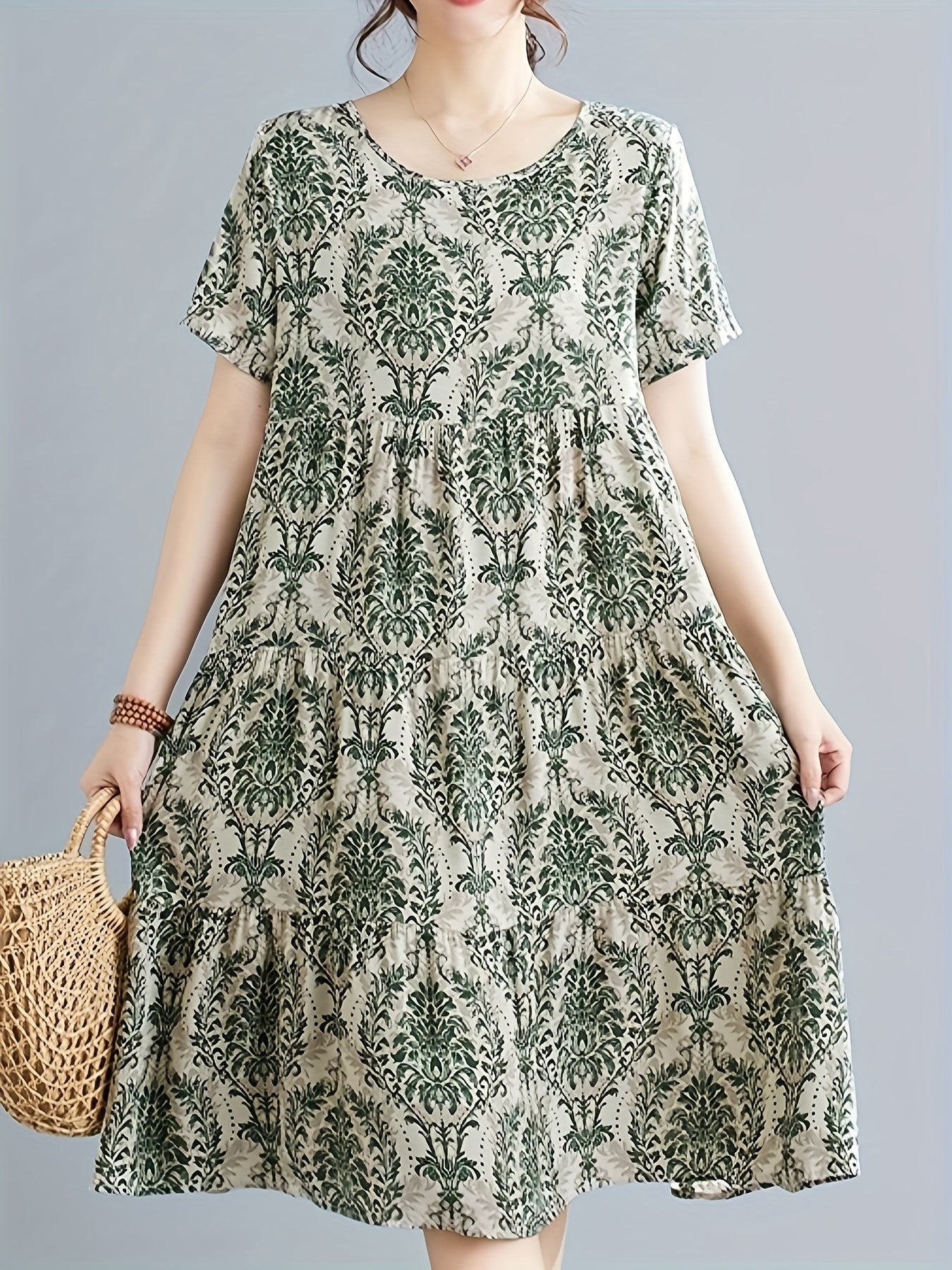 Paisley Print Crew Neck Dress, Casual Short Sleeve Loose Fit Dress./MH