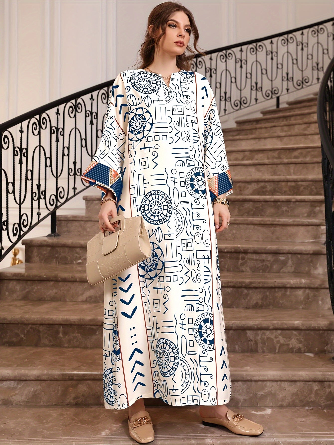 Allover Print Long Sleeve Kaftan Dress, /MH