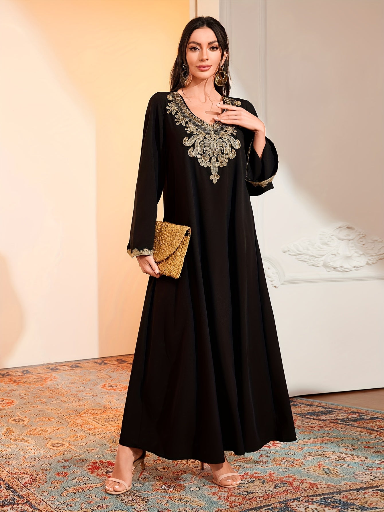 Ramadan Contrast Trim V Neck Kaftan Abayas, /MH