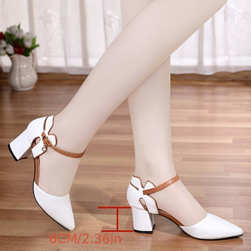 [Summer Block Heel High-Shoes] Women's Summer Fashion Block Heel, Buckle Strap Closed Toe High-Heel Shoes, Elegant Point Toe Dress Pumps