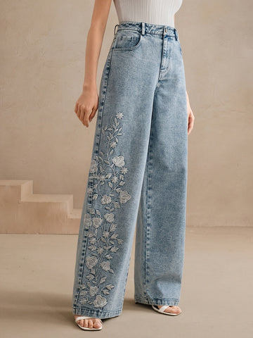 AW25 Women'S High-Waist Embroidered Floral Wide-Leg Jeans - Casual Loose Fit, Non-Stretch Denim with Zipper Fly, All-Season Comfort, Perfect for Casual Attire, High Waisted Jeans, Comfortable Fashion, Durable Fabric