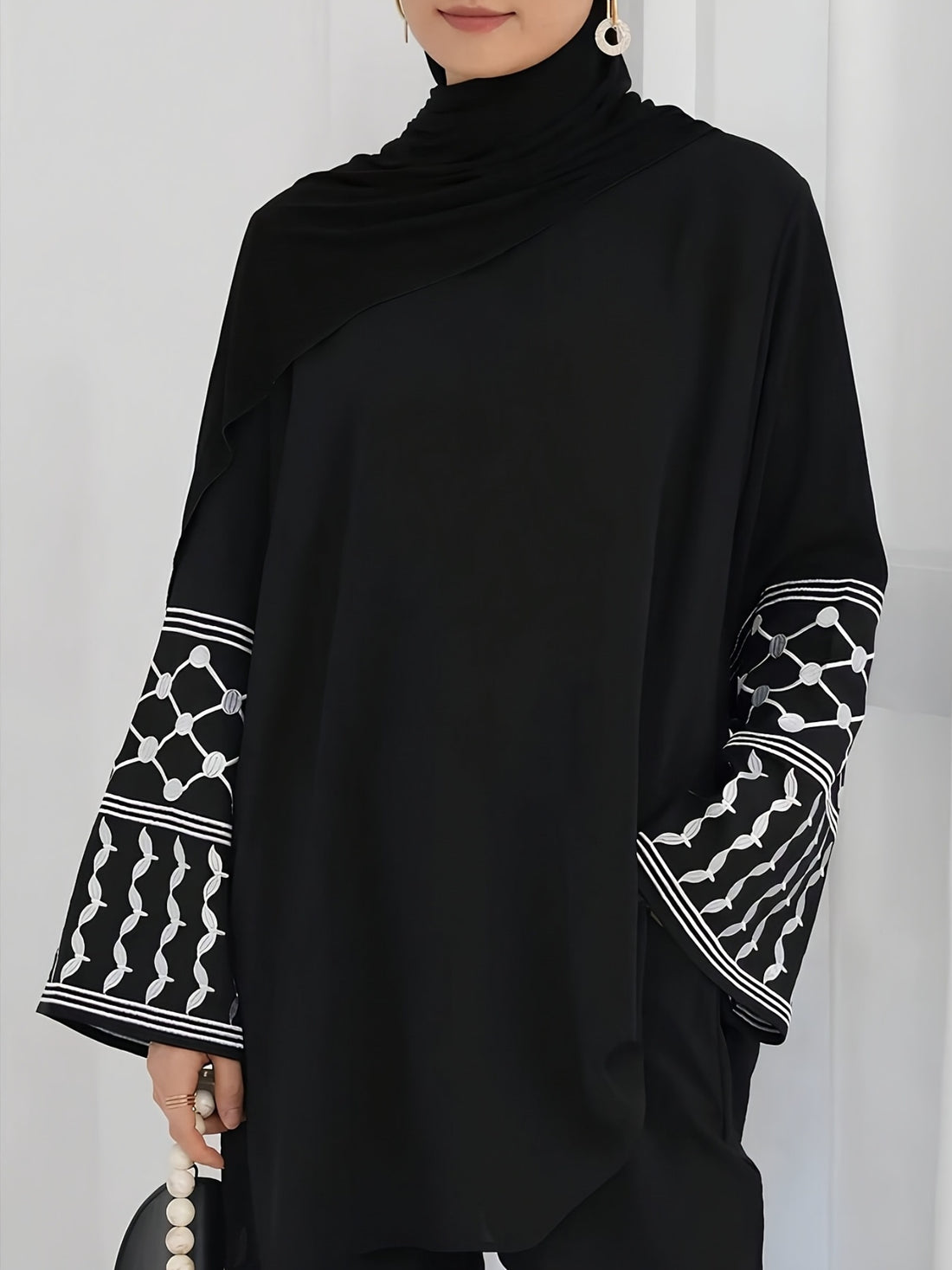 Women'S Arab Dress Set! Black Ethnic Embroidered Outfit with Pants + Embroidered Round Neck Top, No Headscarf