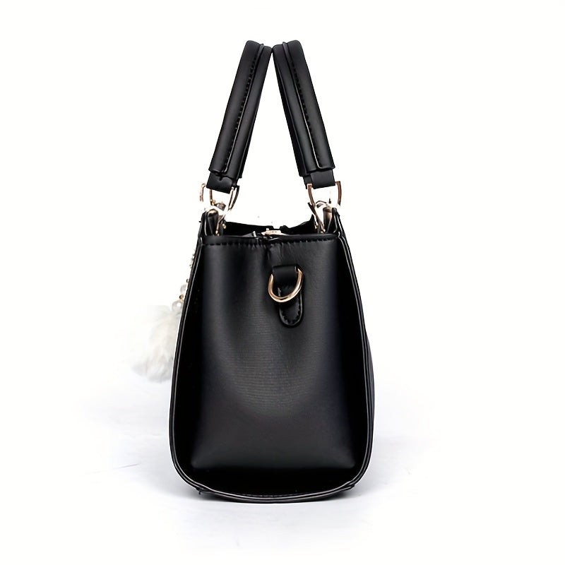 Fashion Solid Color Handbag, Women's Top Handle Square Purse, Elegant Crossbody Bag With Pompom Ball Pendant