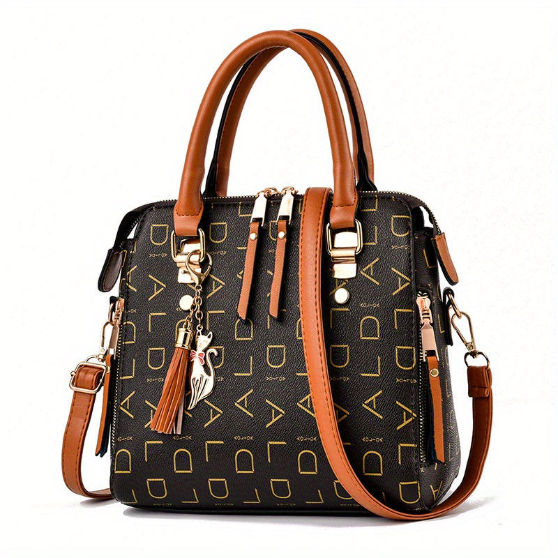 Letter Print Handbag, Tassel Decor Square Crossbody Bag, Women's Small Top Handle Purse