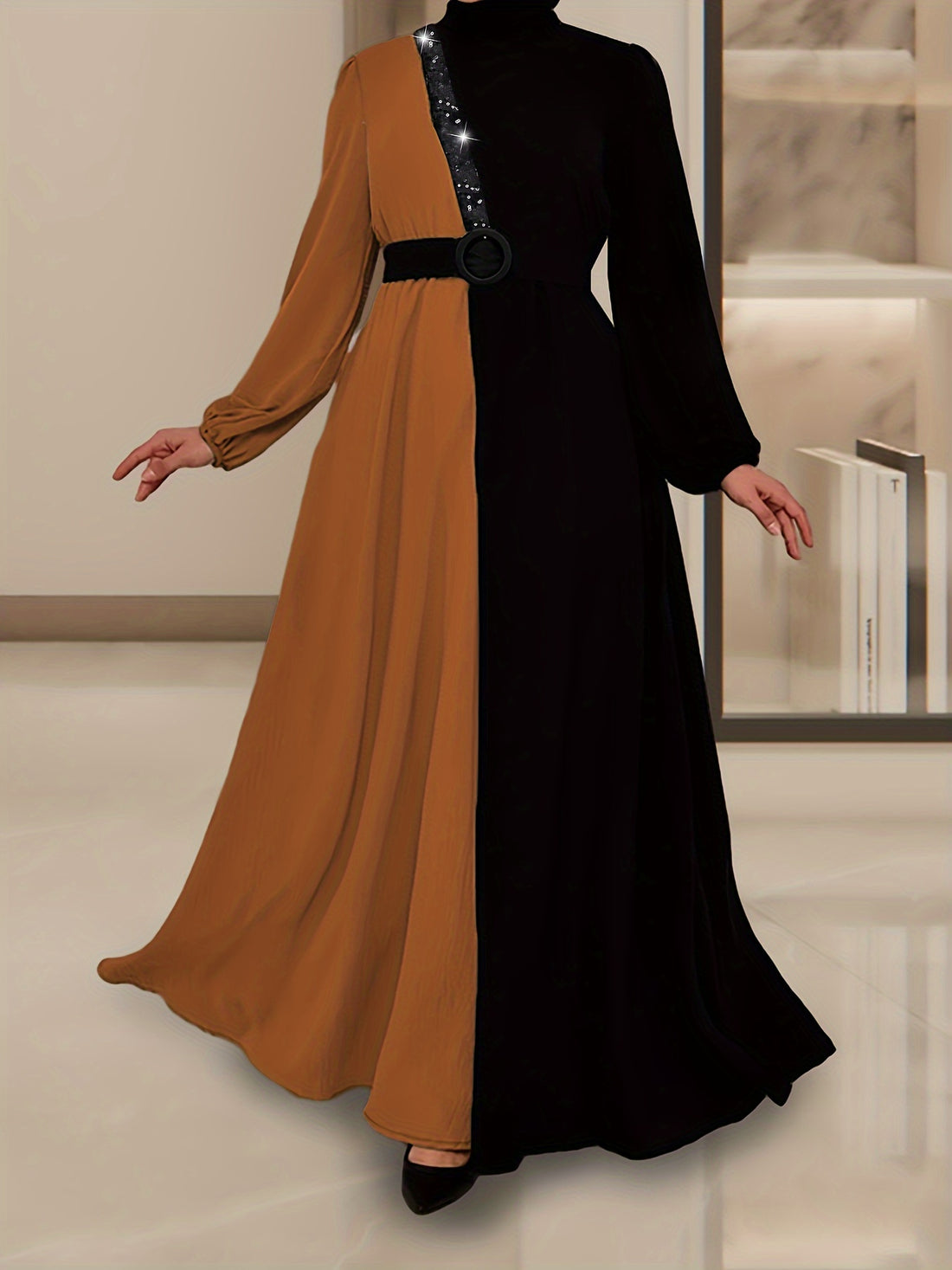 Color Block Long Sleeve Kaftan Dress, /MH