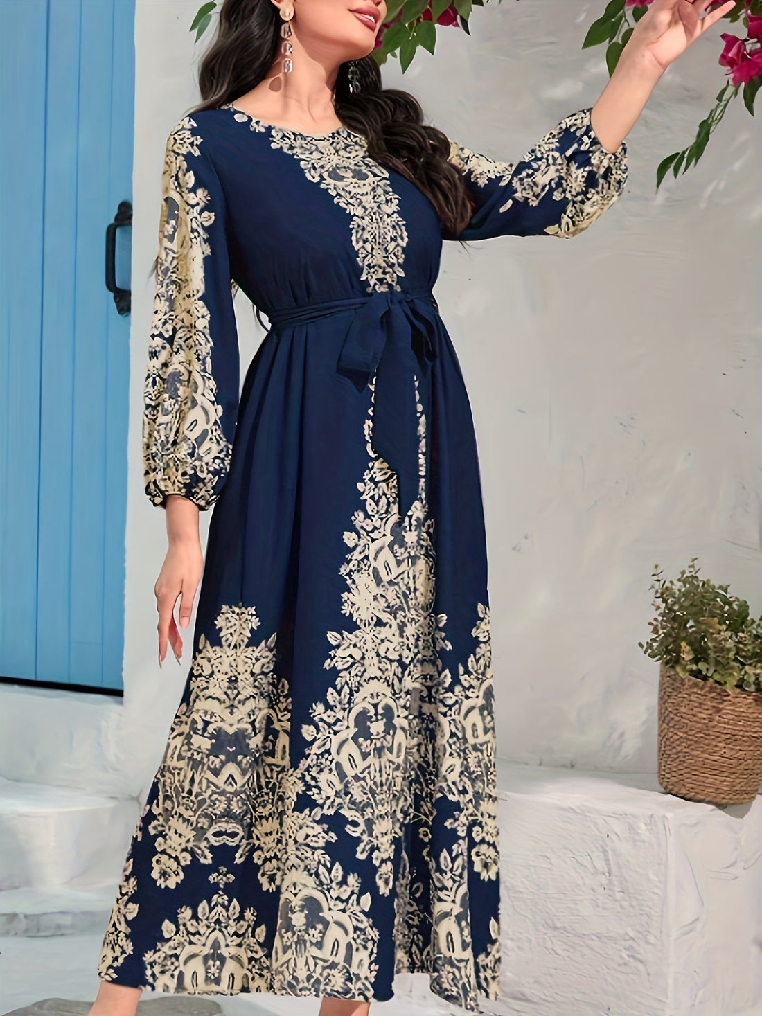 Graphic Print Tie Waist Kaftan Dress, /MH
