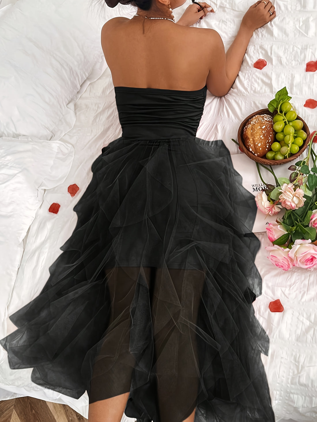 Women's Strapless Black Tulle & Lace Mermaid Dress - Elegant Flared Princess Ball Gown for Weddings, Parties, Proms - Machine Washable Fitted Formal Evening Dress, Wedding Guest Attire | Layered Skirt Design, Formal Dresses