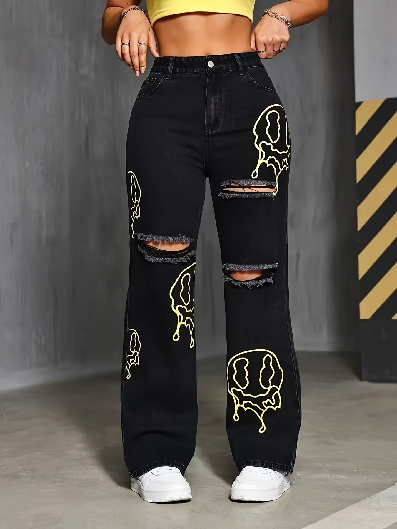 Women's High-Waist Distressed Straight-Leg Jeans with Yellow Skull Print and Ripped Detail - Casual Black Denim, Non-Stretch Fabric, Machine Washable, Casual Wear Jeans|Trendy Casualwear|Rayon Polyester Blend