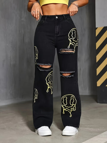 Women's High-Waist Distressed Straight-Leg Jeans with Yellow Skull Print and Ripped Detail - Casual Black Denim, Non-Stretch Fabric, Machine Washable, Casual Wear Jeans|Trendy Casualwear|Rayon Polyester Blend