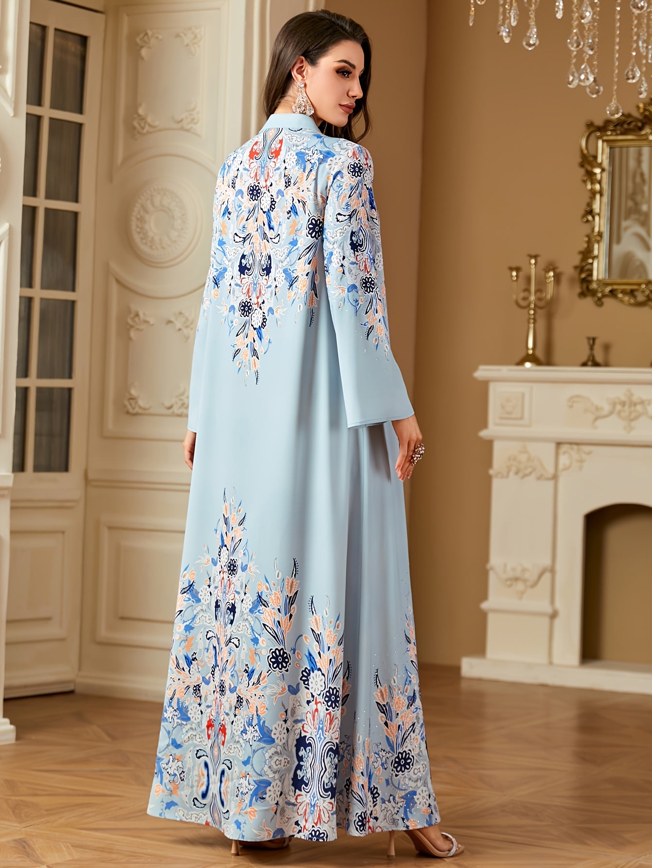 [Pearl A-Line Dress] Cute A-Line Long Sleeve Dress | Print, Pearl Details, Stand Collar, Machine Washable, All-Season Wear