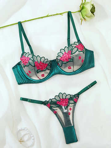 Flower Pattern Spaghetti Straps Lingerie Set For Women, Bra And Thong,/MH