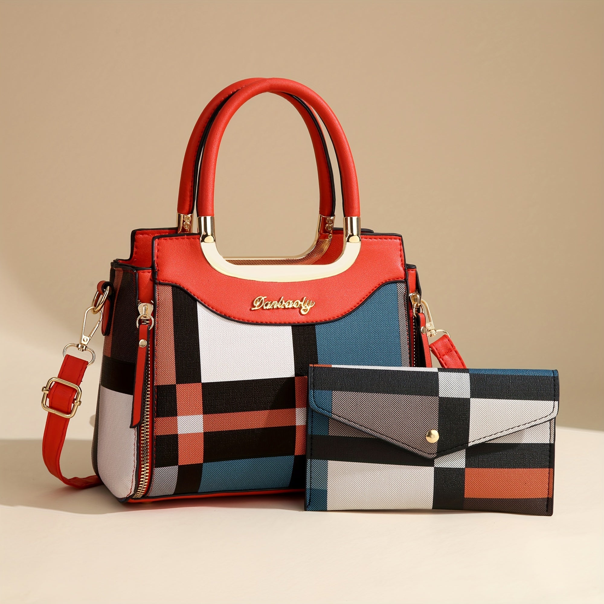 CHROSGEKEIDI Elegant Plaid Tote and Crossbody Bag Set, Large Capacity, with Adjustable Strap, Zipper Closure, Polyester Lined, for Women - Chic Gift for Mom and Family, Versatile Shoulder Bag|Chic Tote Bag Set| Bag, Cute Bag