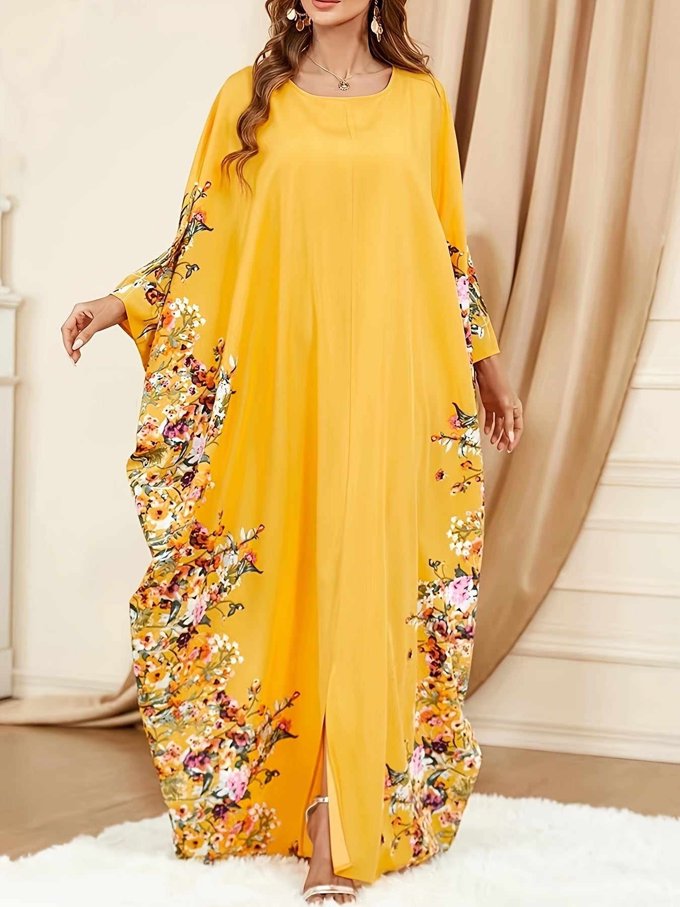 Floral Print Crew Neck Kaftan, Elegant Batwing Sleeve'/MH