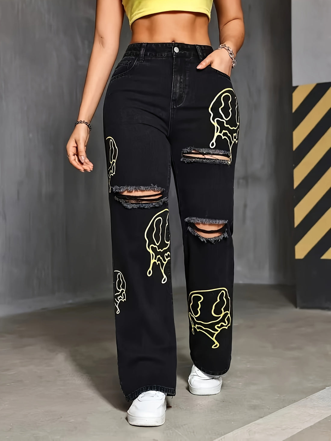 Women's High-Waist Distressed Straight-Leg Jeans with Yellow Skull Print and Ripped Detail - Casual Black Denim, Non-Stretch Fabric, Machine Washable, Casual Wear Jeans|Trendy Casualwear|Rayon Polyester Blend