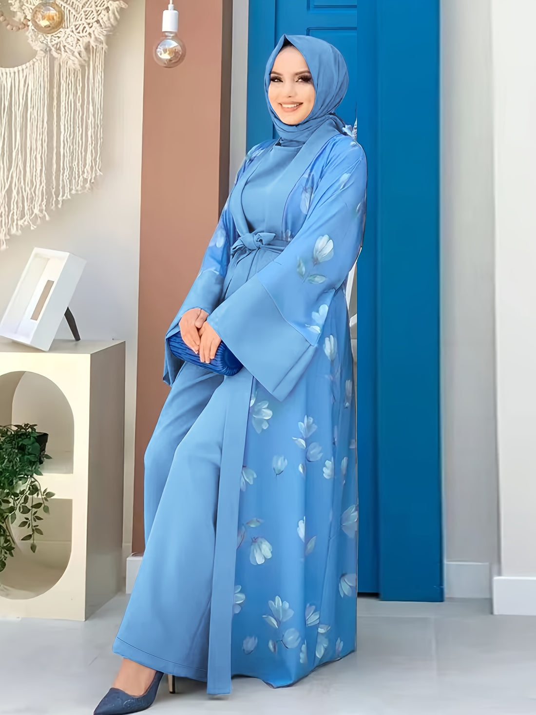 Ethnic Modest Dress Set Without Hijab, Floral Print Long Length leeveless , /MH