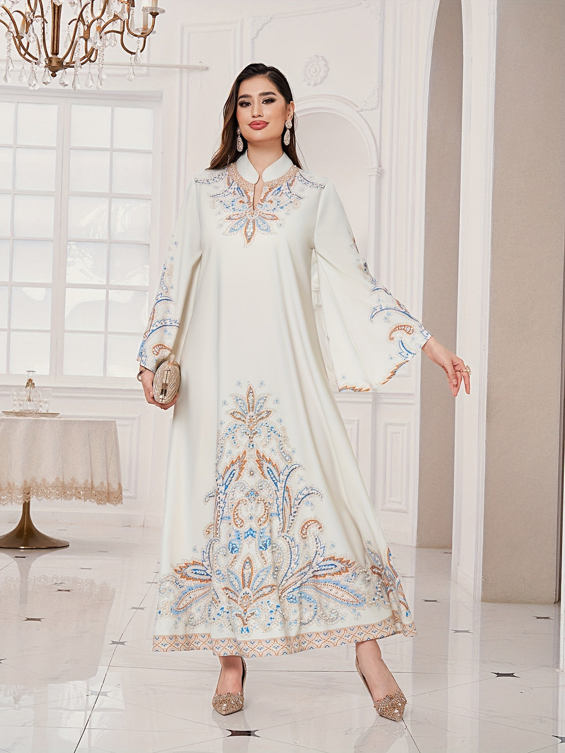 Floral Print Mock Neck Long Sleeve Kaftan Dress, /MH