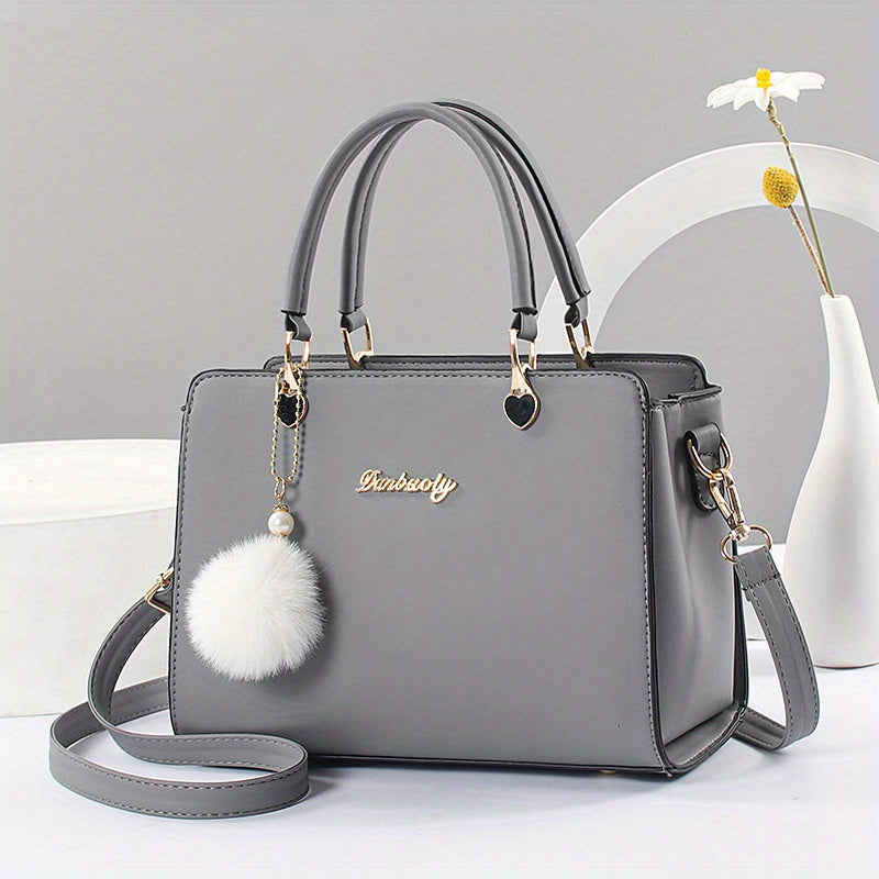 Fashion Solid Color Handbag, Women's Top Handle Square Purse, Elegant Crossbody Bag With Pompom Ball Pendant