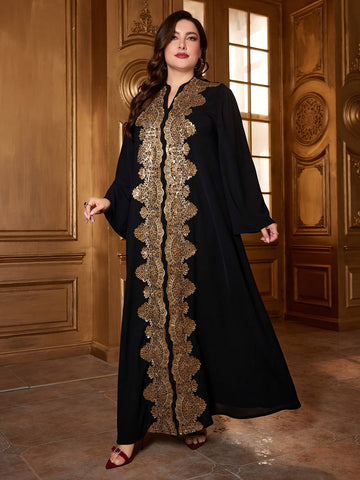 Plus Size, Plus Size Women's Floral Applique Long Sleeve Dress./MH