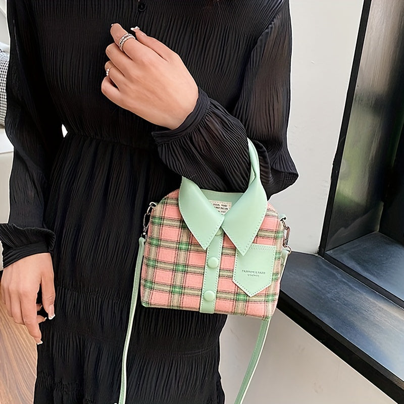 Plaid Shirt Shaped Handbags, Niche Design Crossbody Bag, Top Handle Canvas Satchel Purse