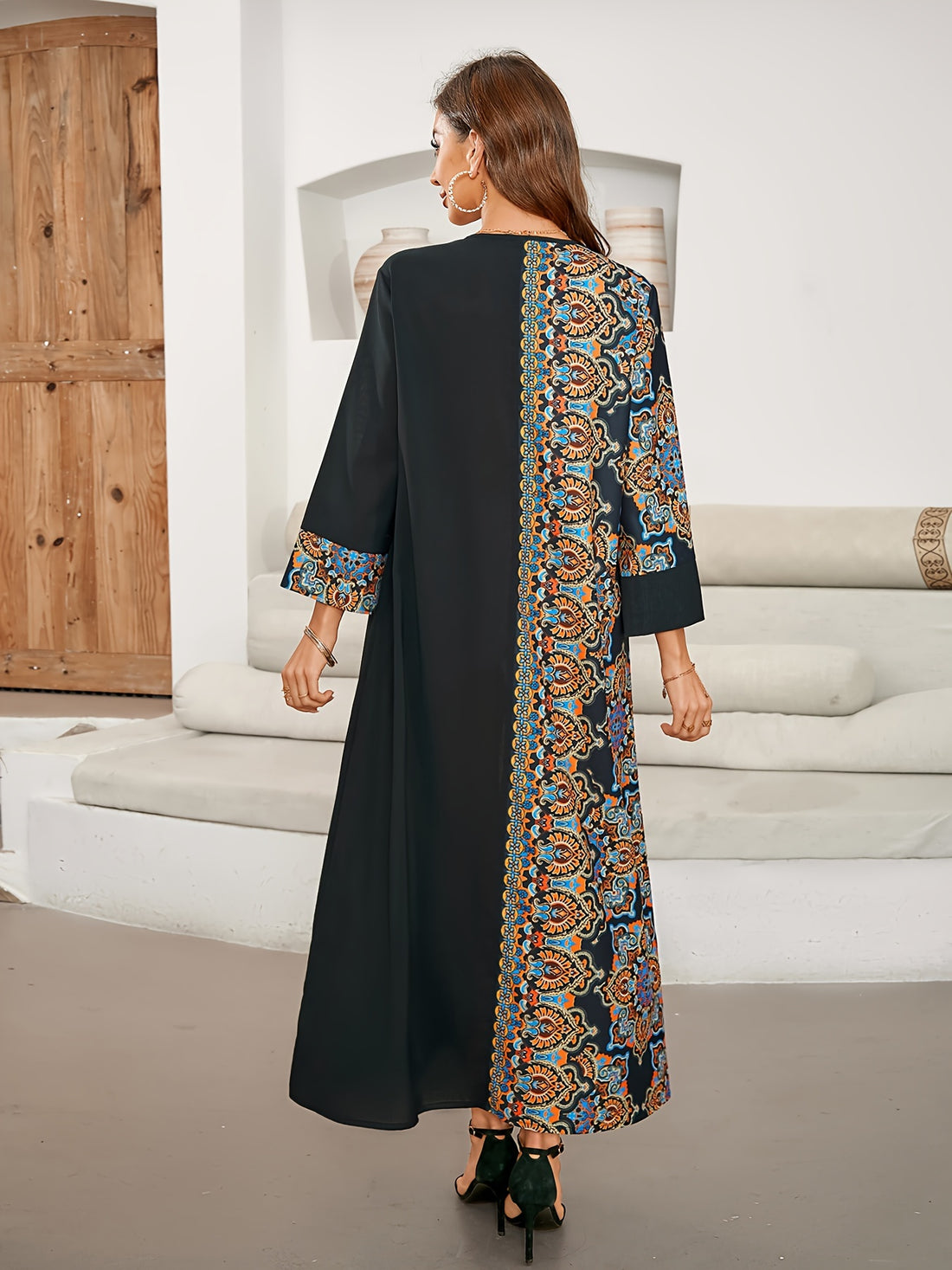 Floral Print Notched Neck Kaftan Abayas, /MH
